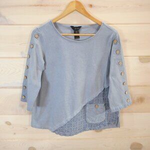 Ali Miles Women's Petite Medium PM Blue-Gray Top Textured Art Lagenlook Buttons